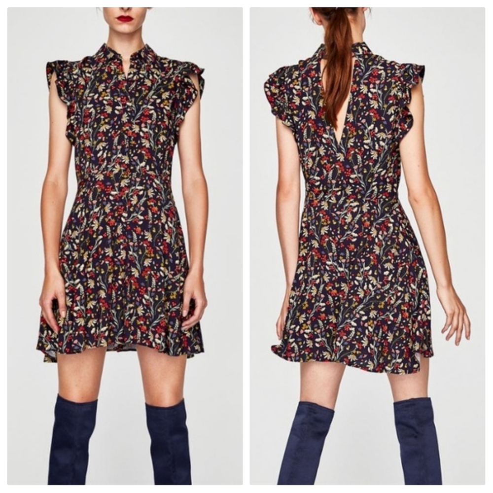 Zara Dark Blue Floral Flowy Romper Jumpsuit